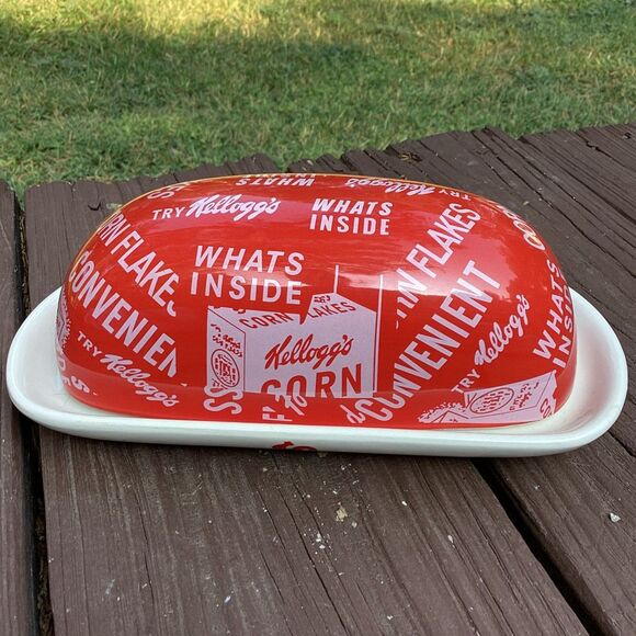 Kellogg’s Corn Flakes retro butter dish w/ lid – red/white ceramic 9” - Picture 1 of 4